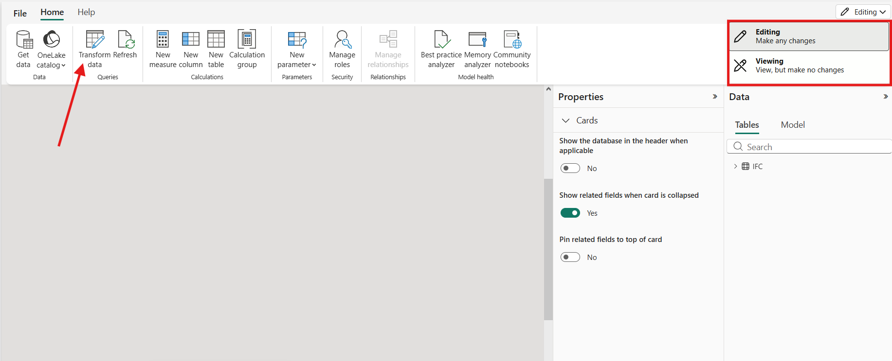 Switch to Editing mode and open Transform data