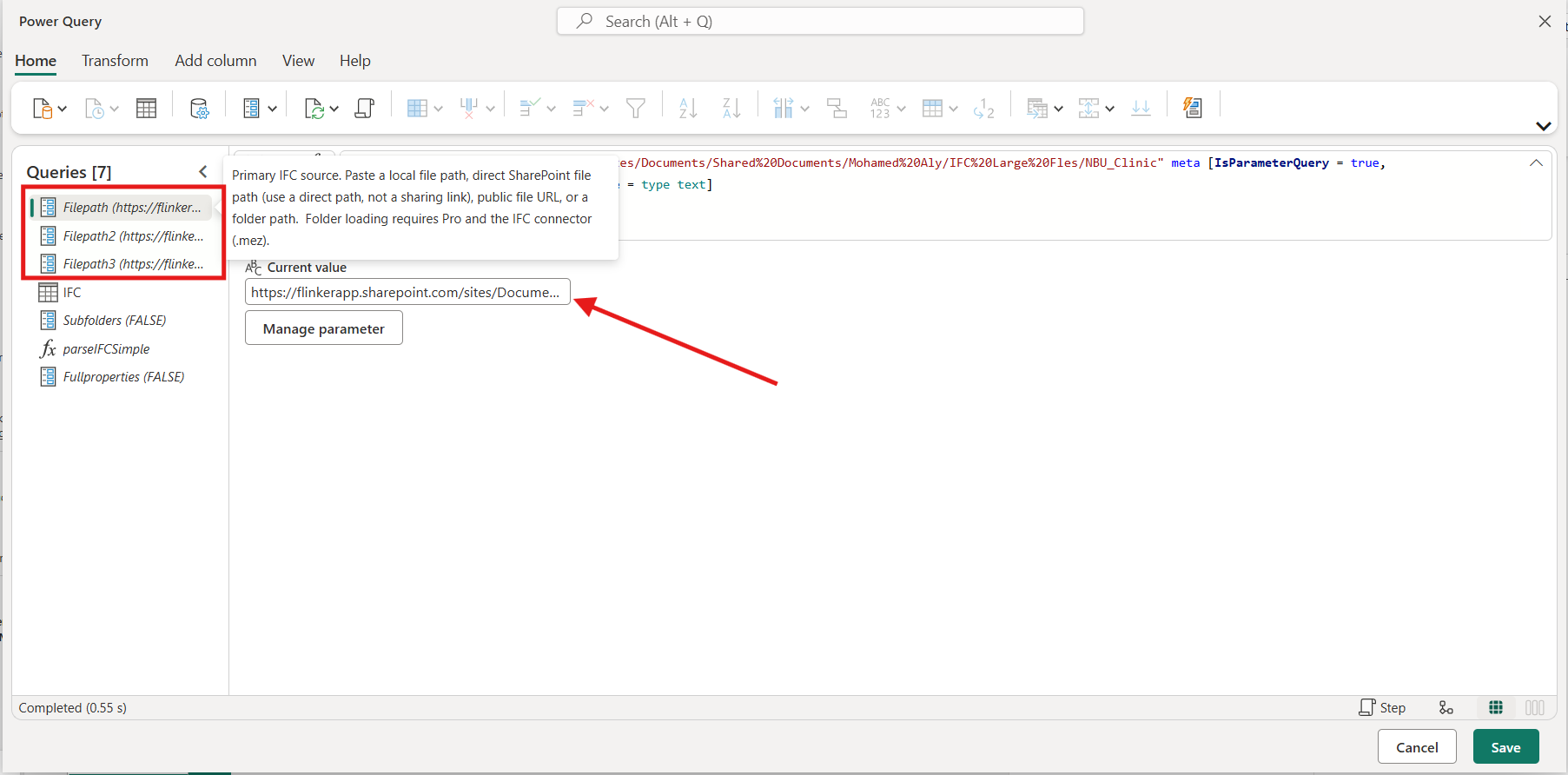 Edit Filepath parameters in Power Query Online