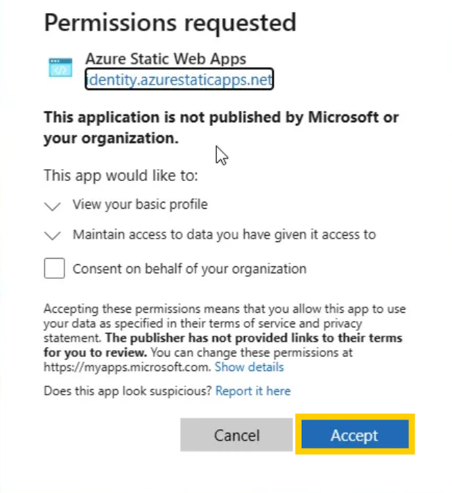 Accept permissions request for Azure Static Web Apps