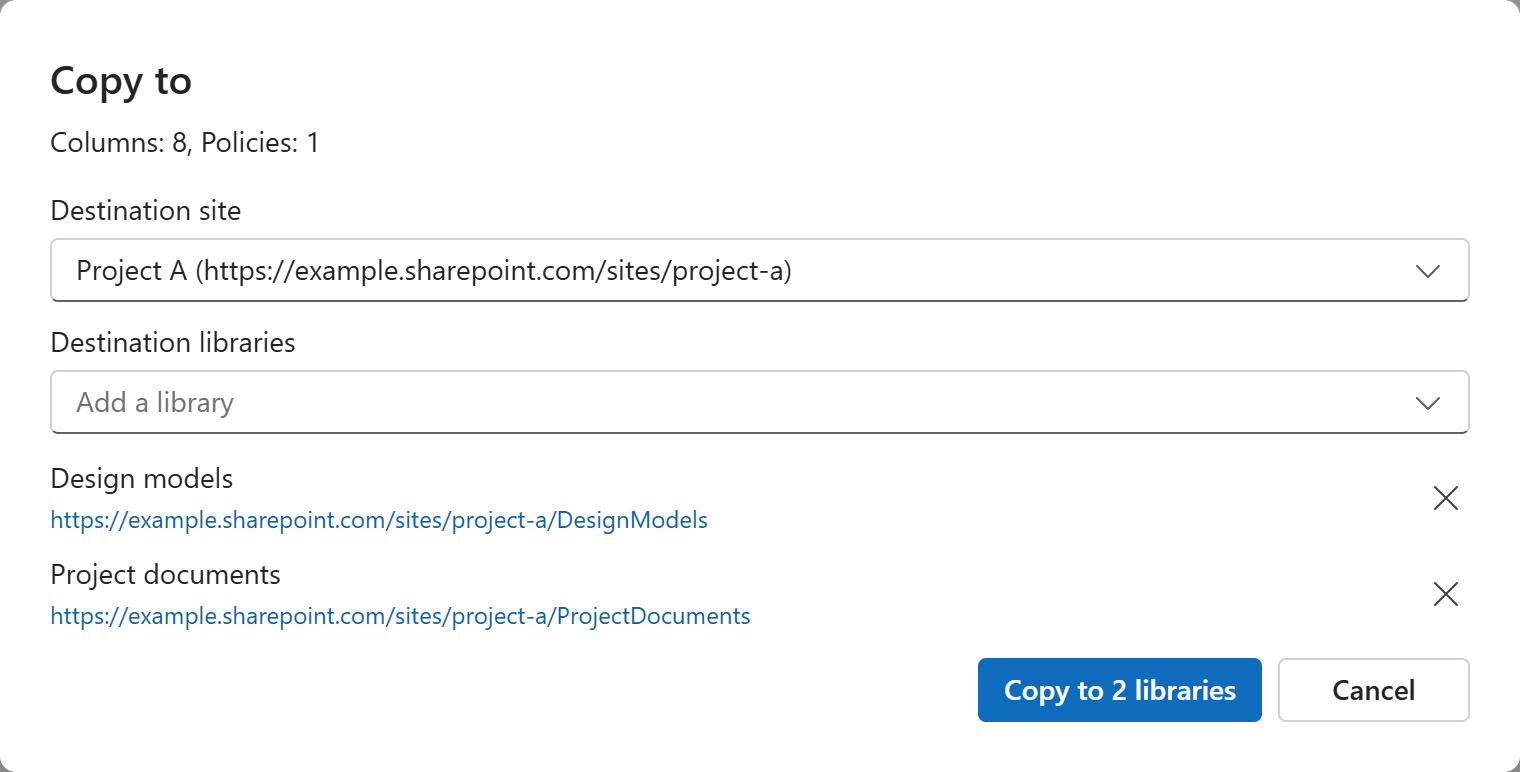 Screenshot of the Manage columns Copy to dialog showing eight columns, one policy, and two selected destination libraries.