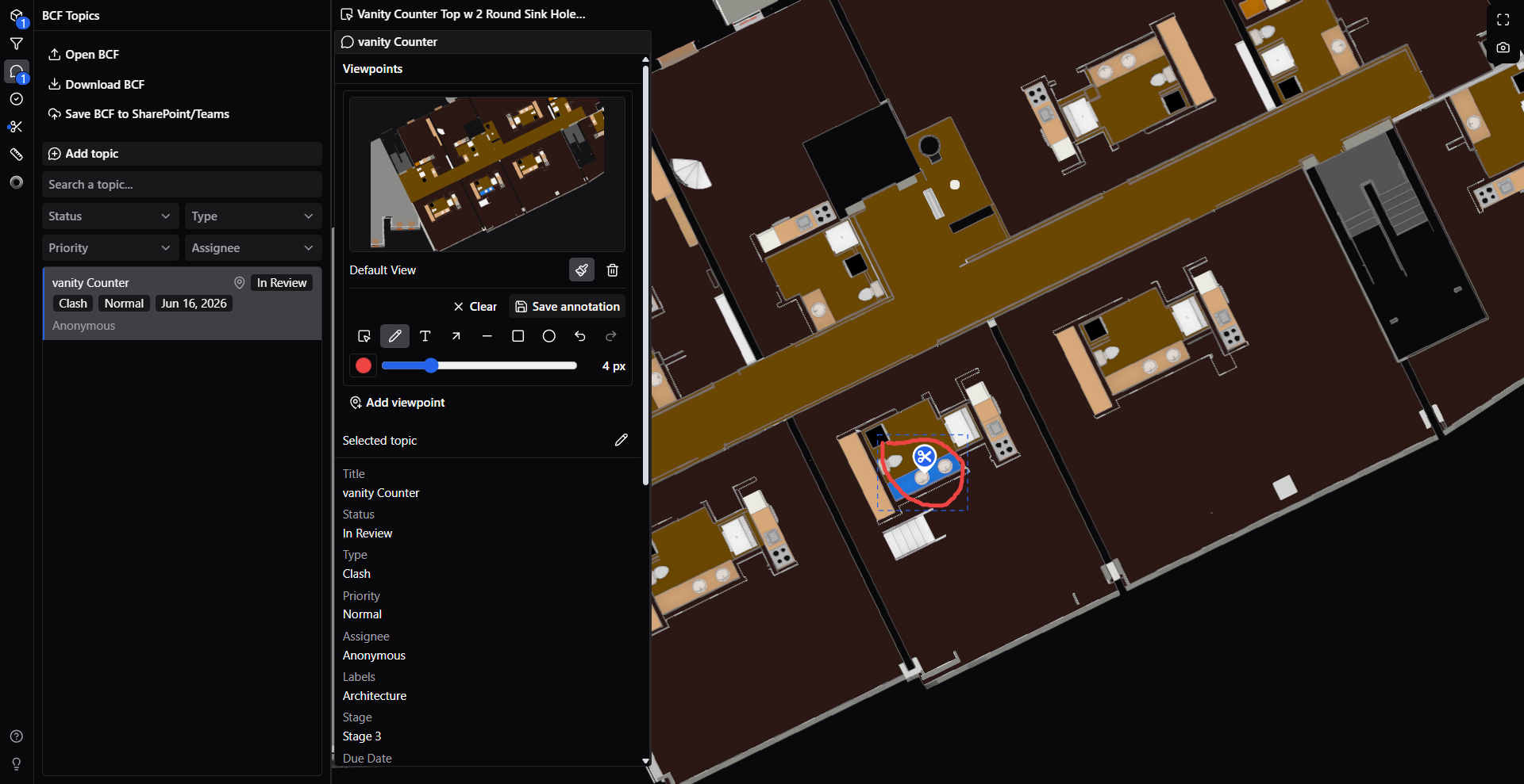 Screenshot of a BCF issue reviewed in 2D plan view with plan-based issue context and annotations