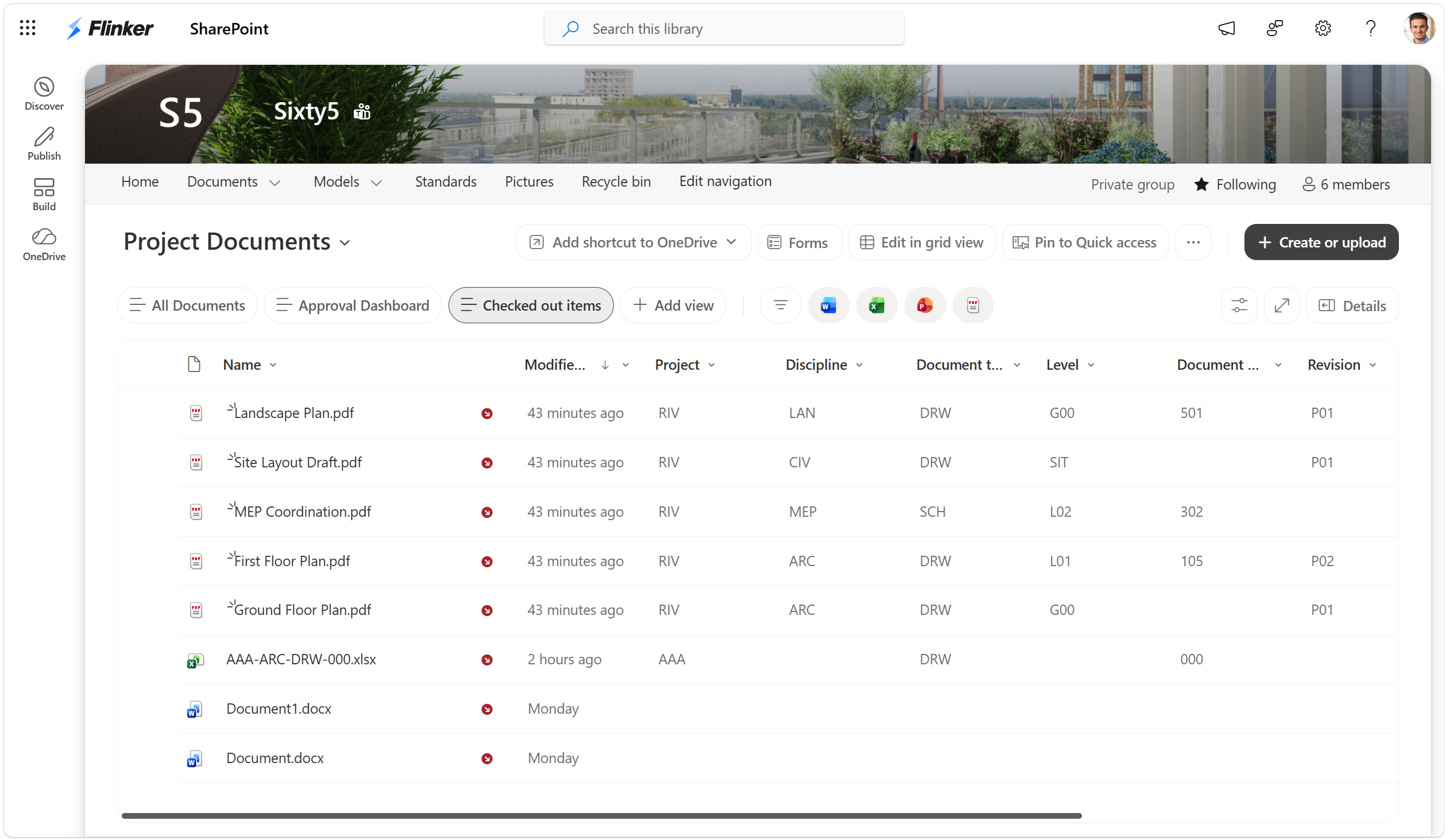 Screenshot of the Checked out items view in SharePoint showing files that need required information.