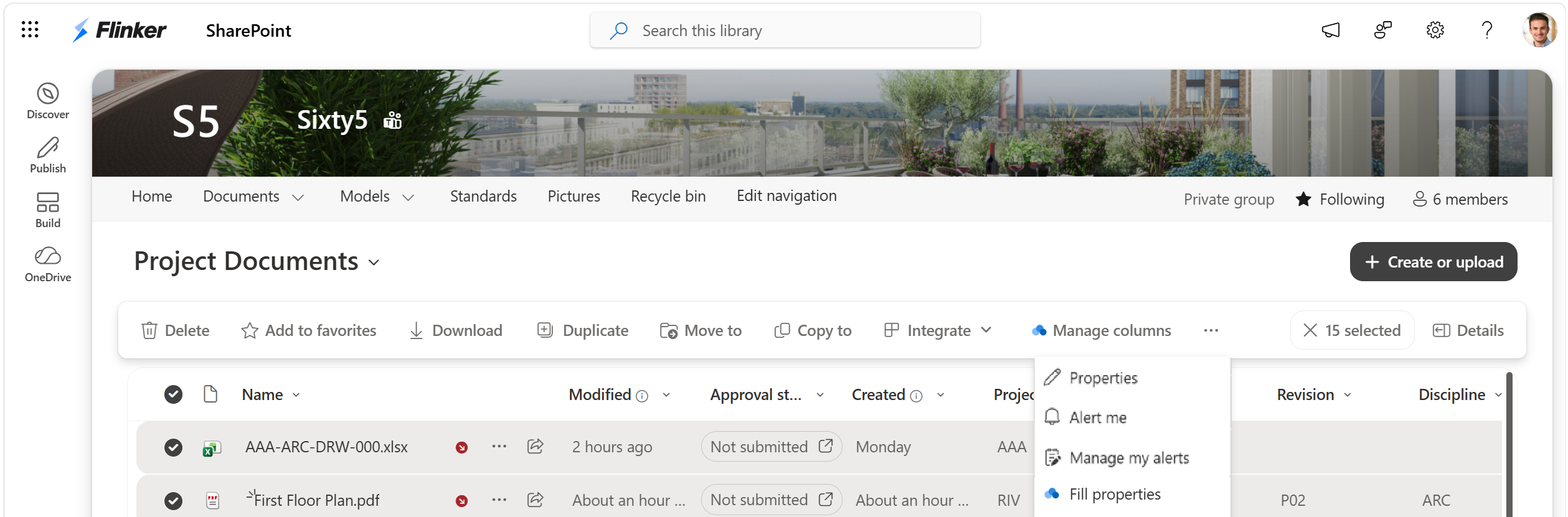 Screenshot of selected files in SharePoint with Fill properties available from the Integrate menu.
