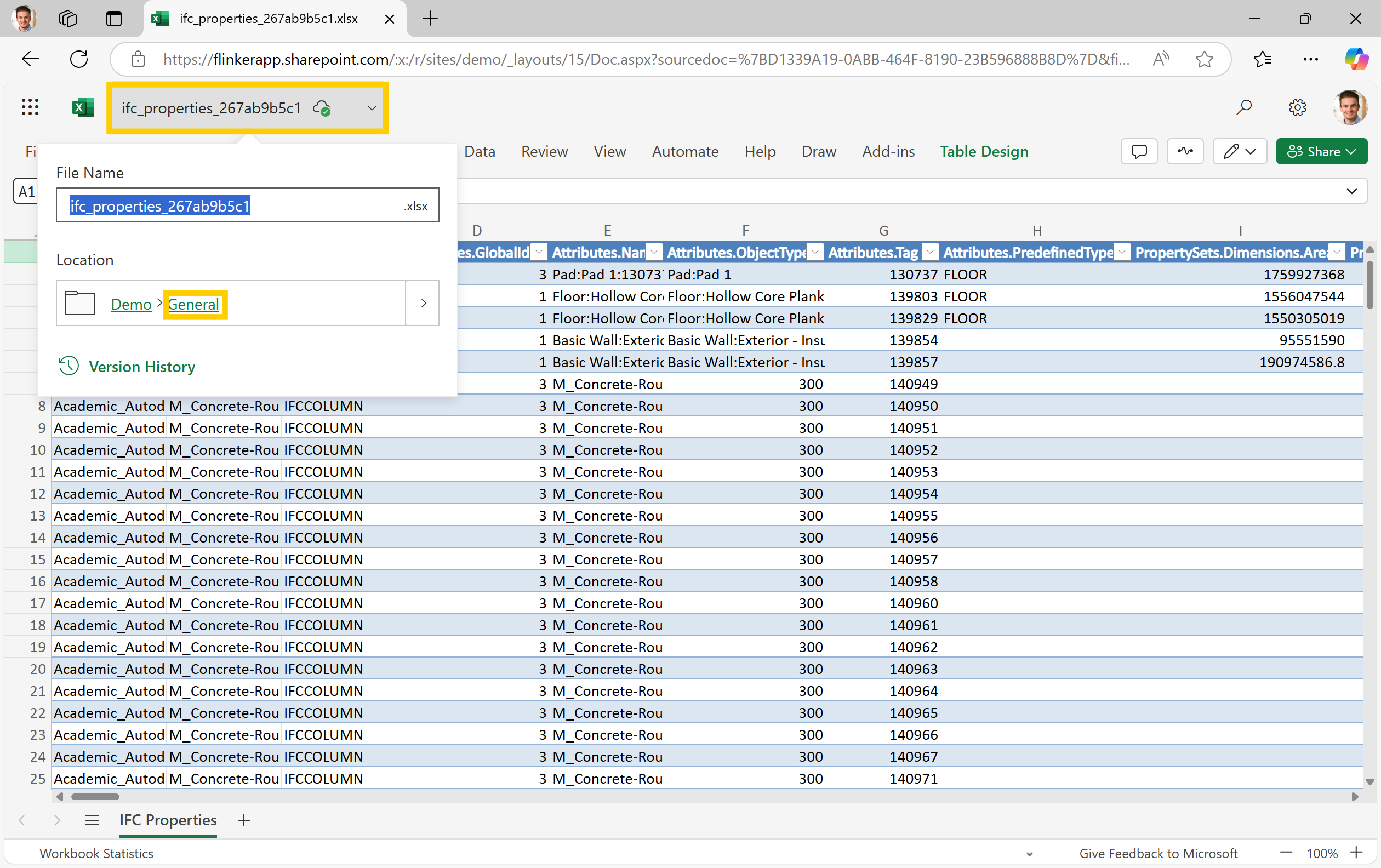 Click link to open Excel file with the queried properties and go to file location