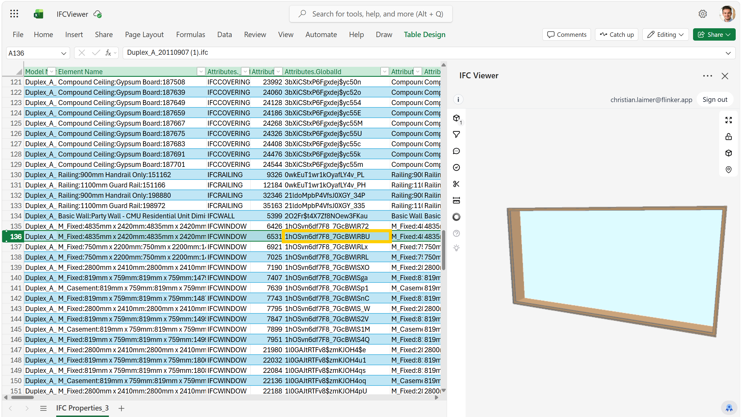 Selecting a row in Excel highlights the matching element in the IFC Viewer