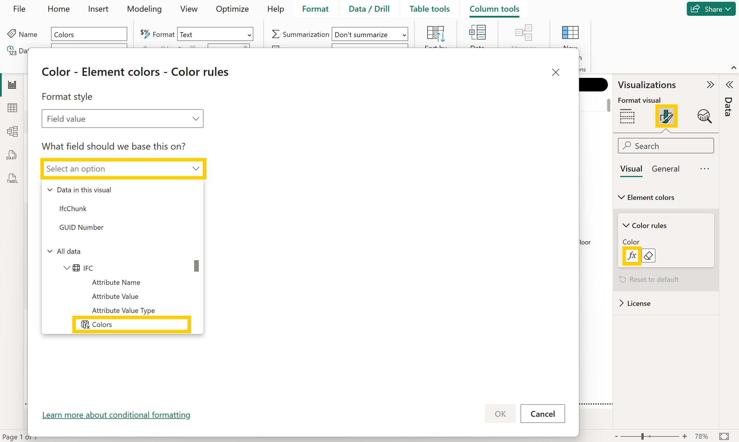 Conditional formatting using a color field