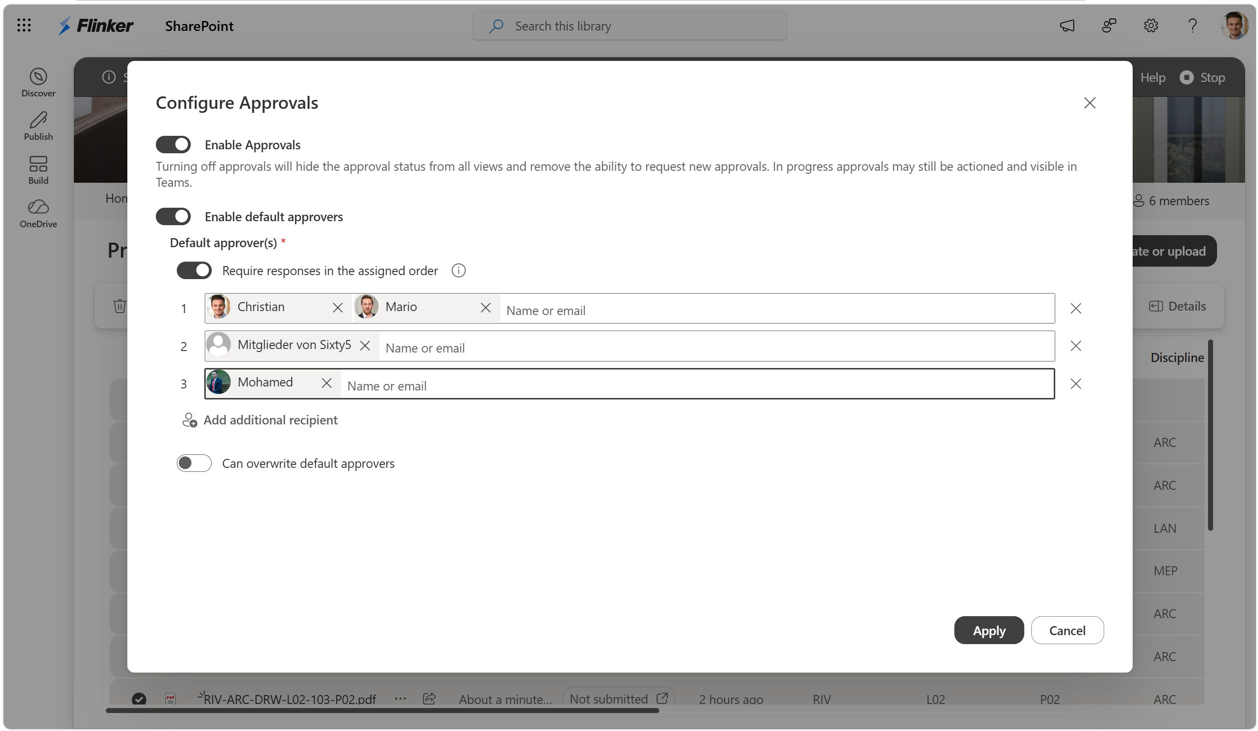 Screenshot of Configure Approvals in SharePoint showing default approvers in three ordered stages.
