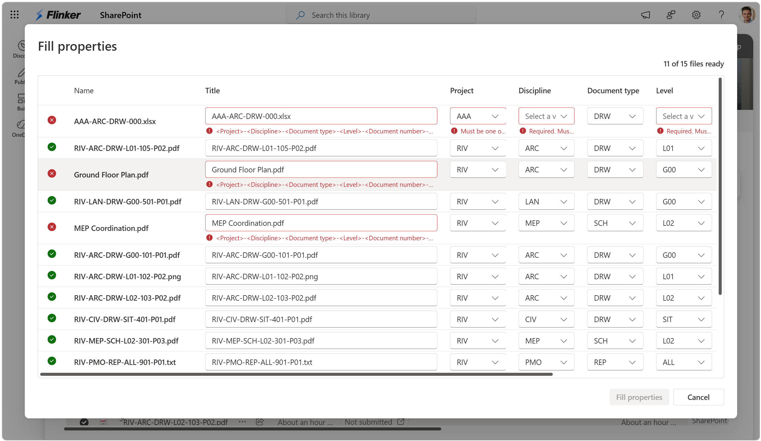 Screenshot of Fill properties showing conforming files in green and fields that users must correct in red.