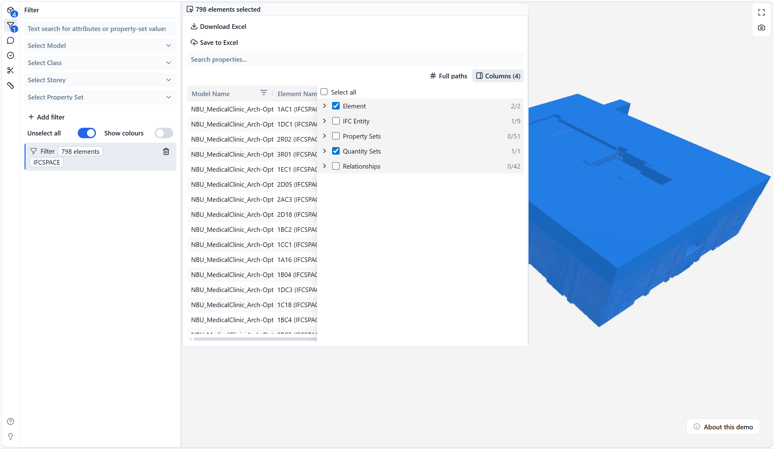 Screenshot of the IFC Viewer column picker for selected property export