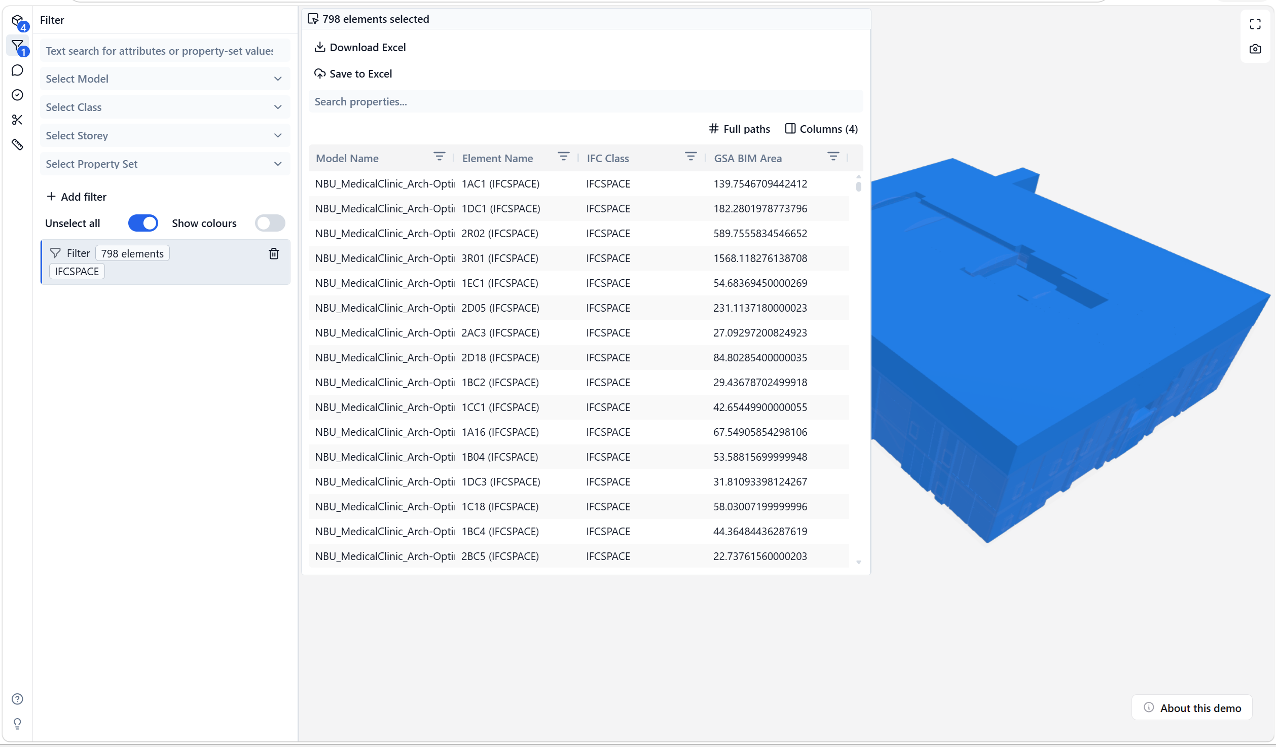 Screenshot of the IFC Viewer properties table for selected spaces