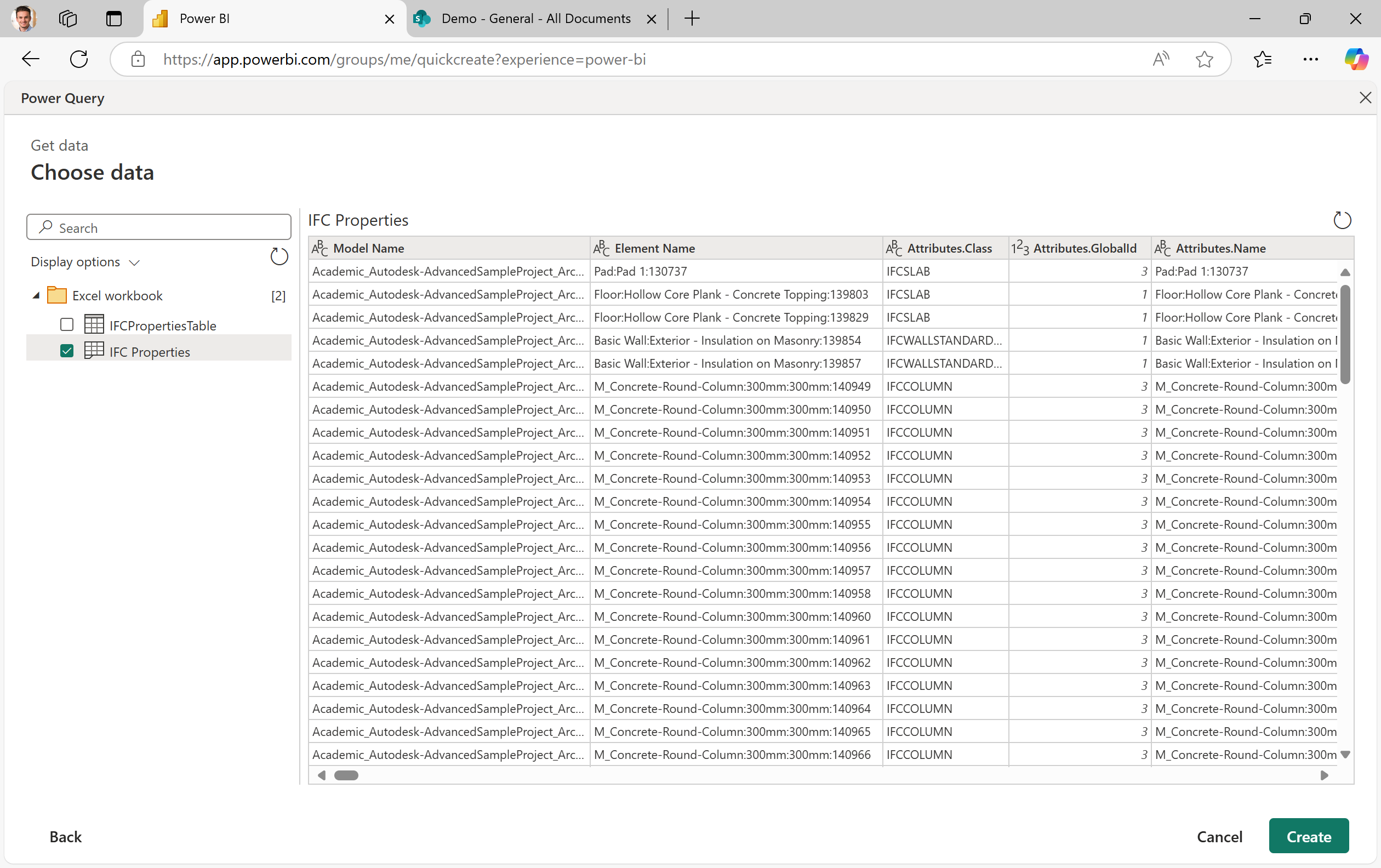 In Power BI: Choose data (IFCProperties) and click on Create