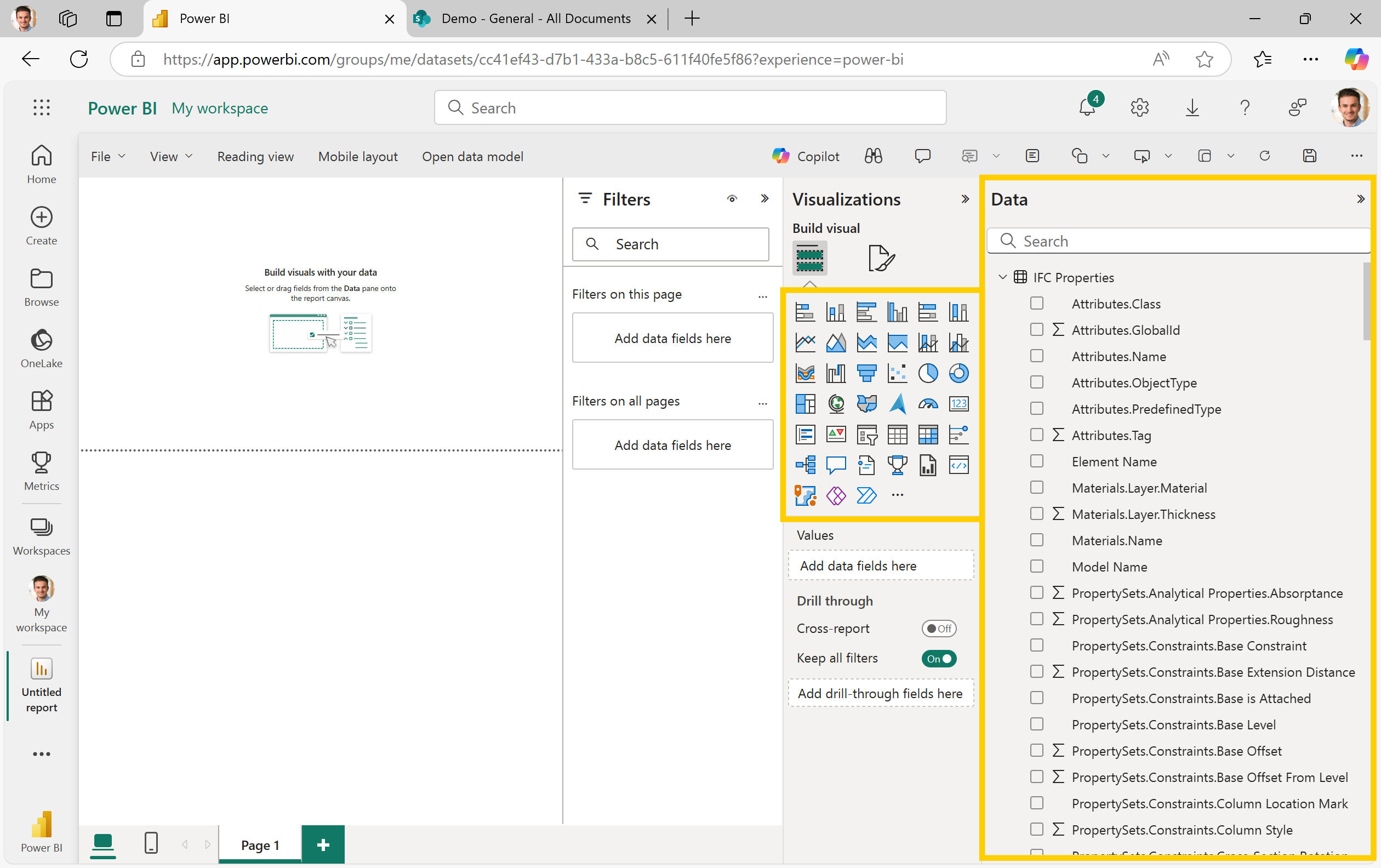 In Power BI: IFCProperties data is loaded and visuals can be created