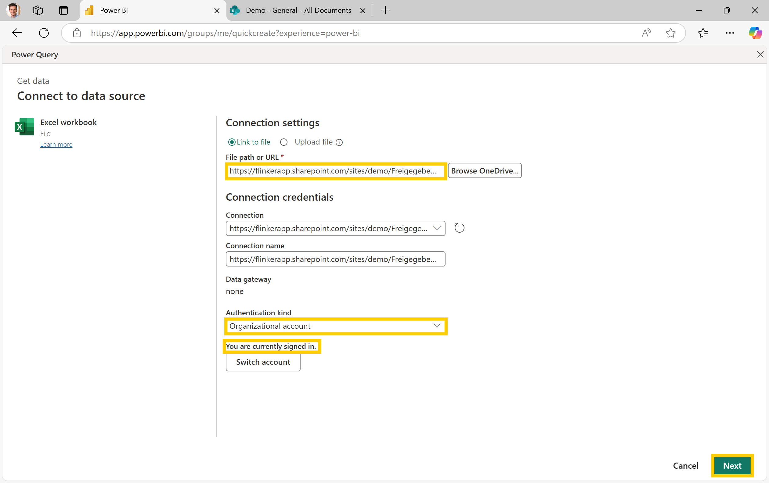 In Power BI: Paste direct Excel file link and select your organizational account to sign in