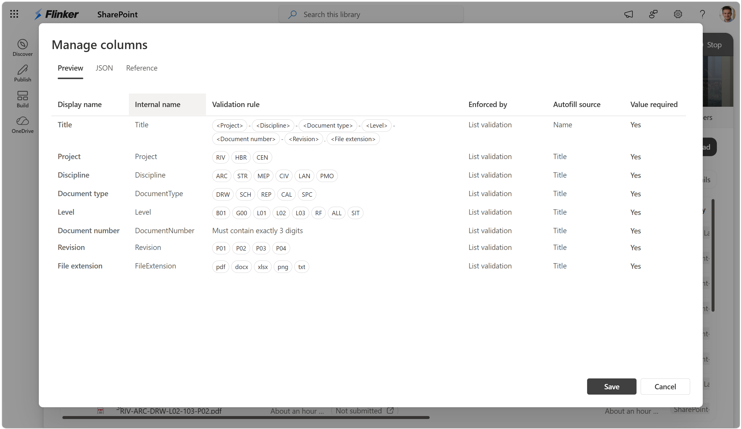 Screenshot of the Manage columns preview showing the document identifier, accepted metadata values, and SharePoint enforcement location.