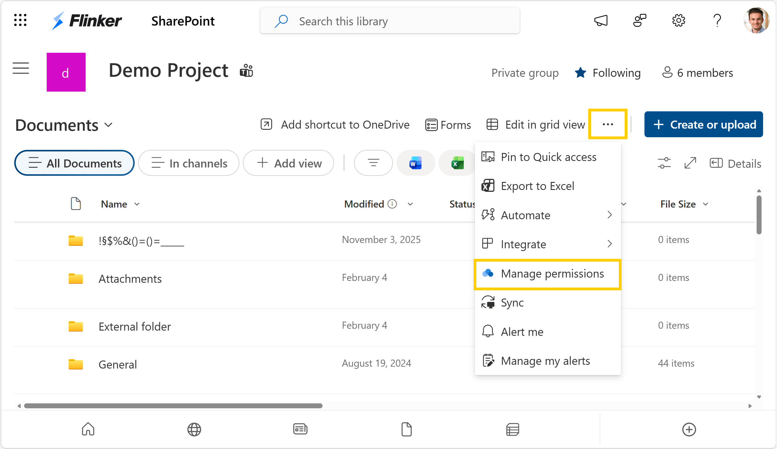Open Manage permissions inside a document library
