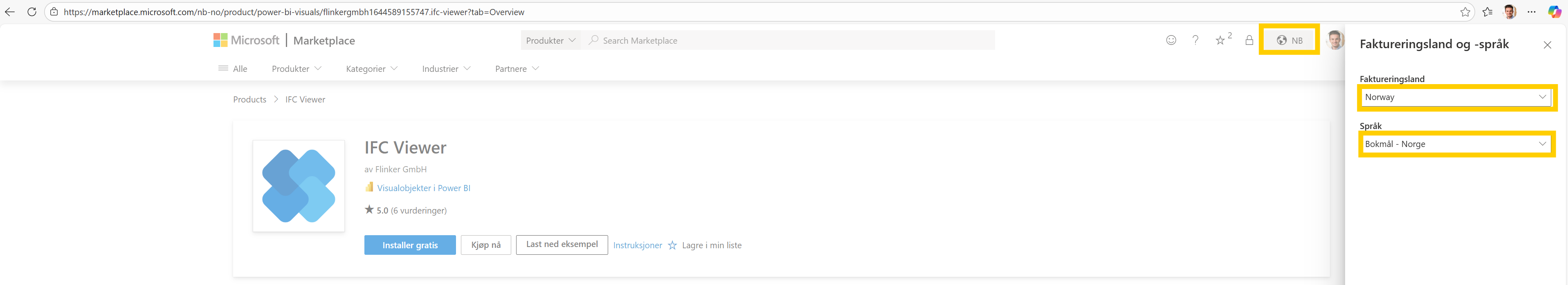 Microsoft Marketplace billing country and language
