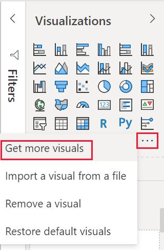 Screenshot of selecting Get more visuals in the Power BI Visualizations pane