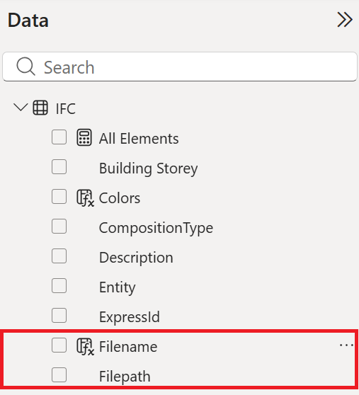 Screenshot of IFC table fields used to filter IFC files in Power BI