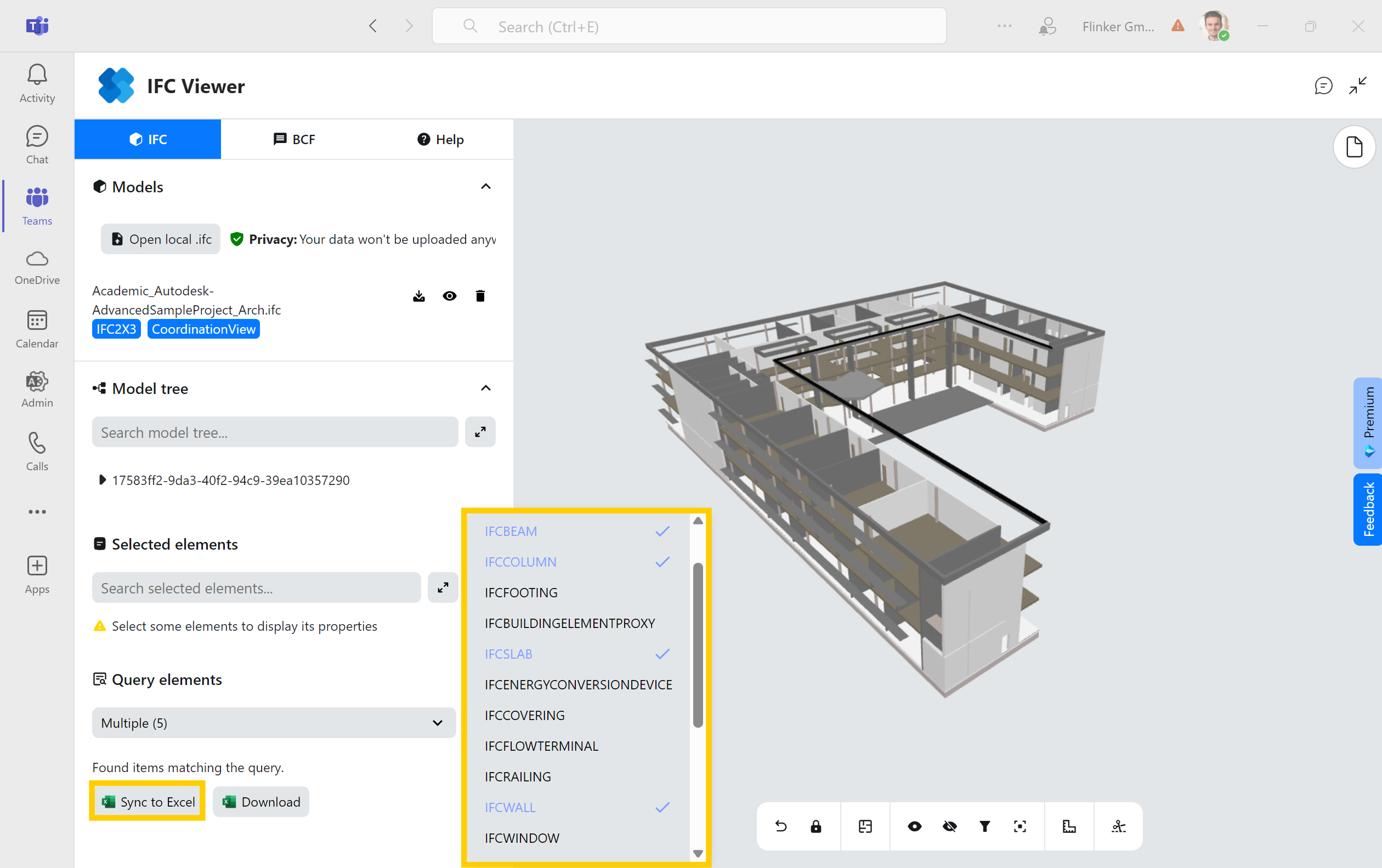 Query IFC categories (IFCBeam, IFCColumn, IFCSlab, IFCWall) and click Sync to Excel