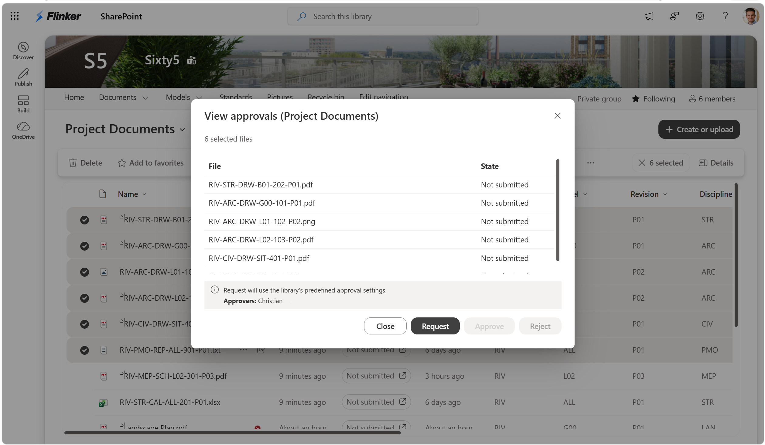 Screenshot of View approvals showing six files and the Request, Approve, and Reject actions.