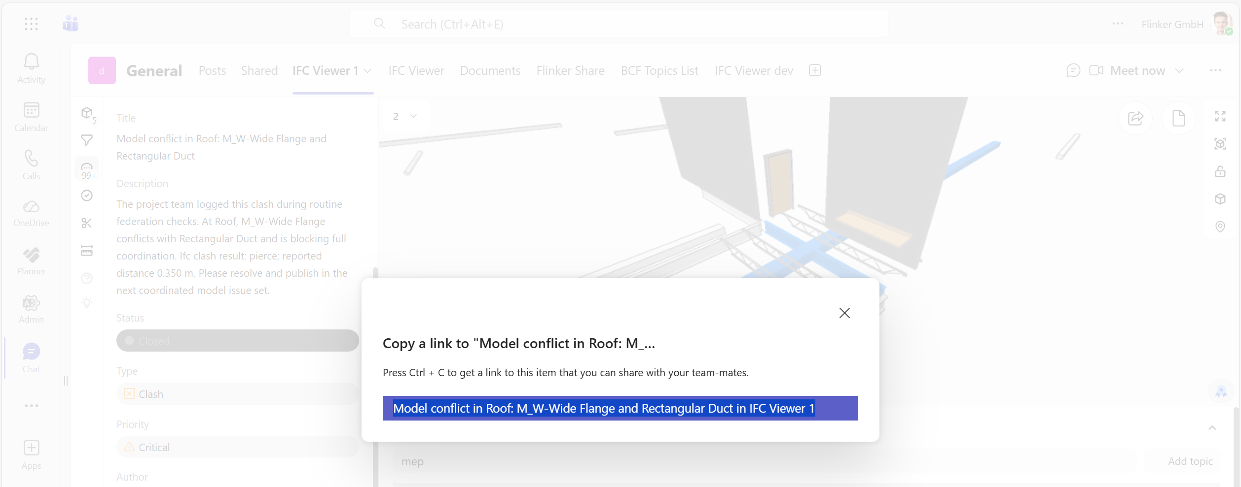 Review and share a BCF topic in the Teams IFC Viewer