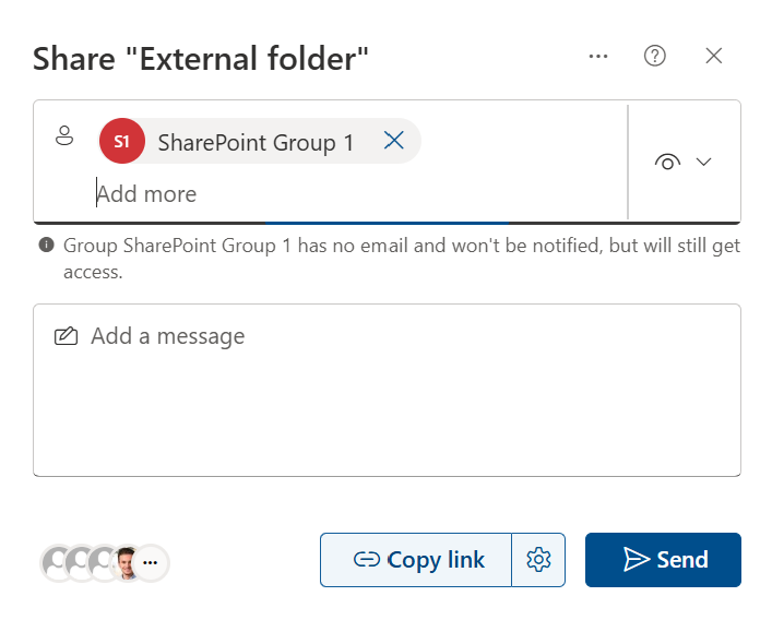 Screenshot showing how to share a folder with a SharePoint group